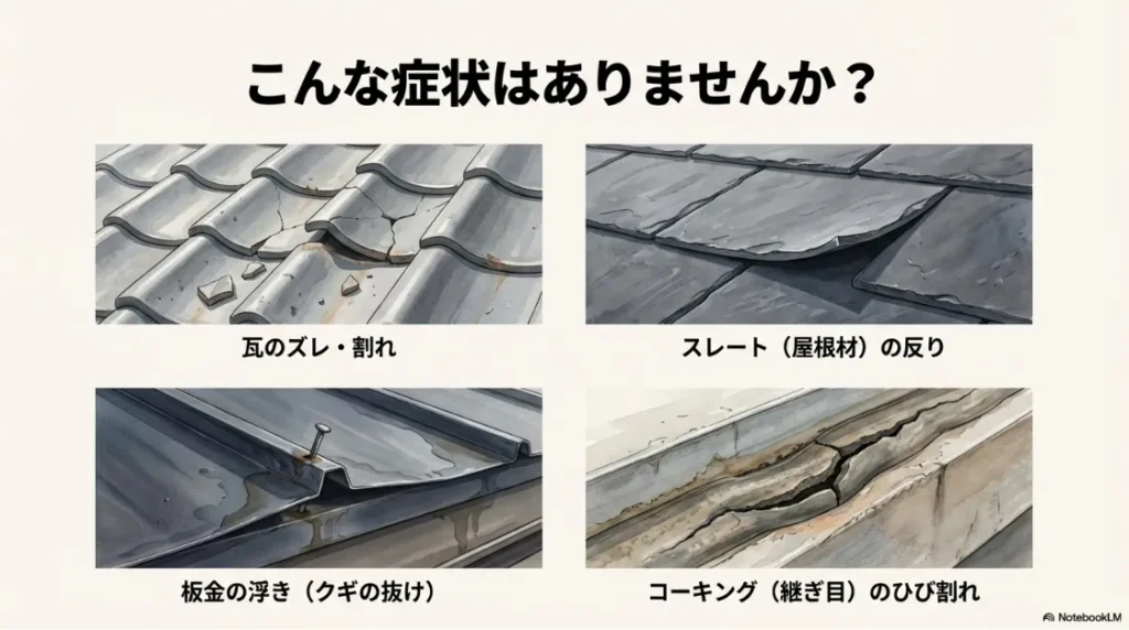瓦の割れ、スレートの反り、棟板金の浮き、コーキングのひび割れの比較画像