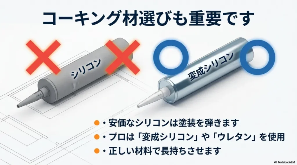安価なシリコンと、プロが推奨する変成シリコン・ウレタン系コーキング材の違いと塗装の適合性