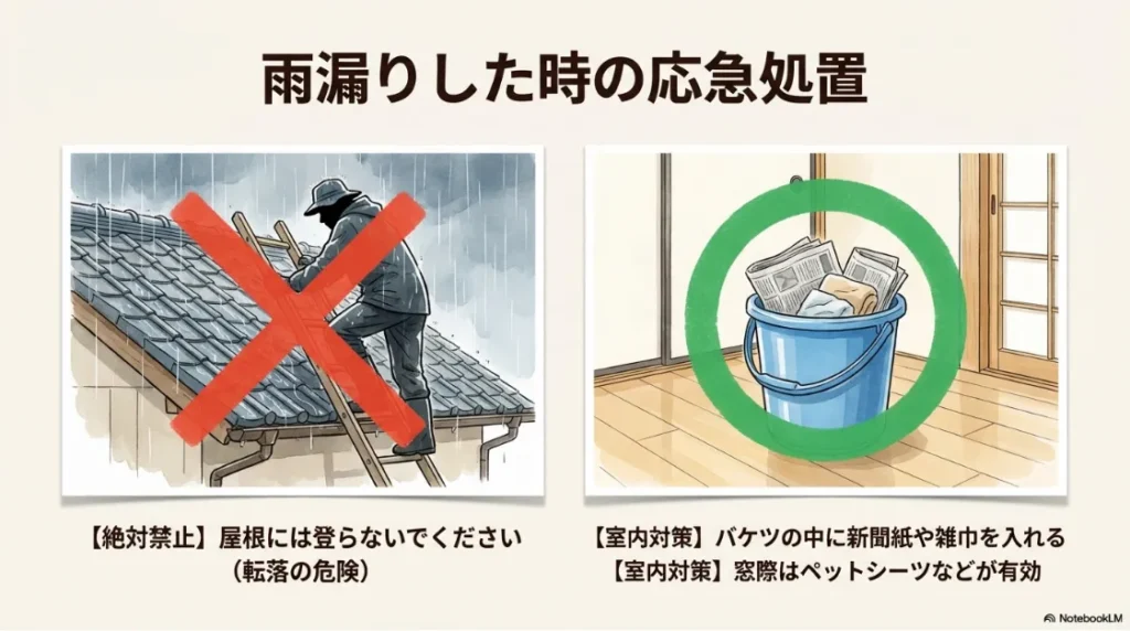 雨の日に屋根に登る危険性と、室内でバケツや新聞紙を使った正しい処置方法