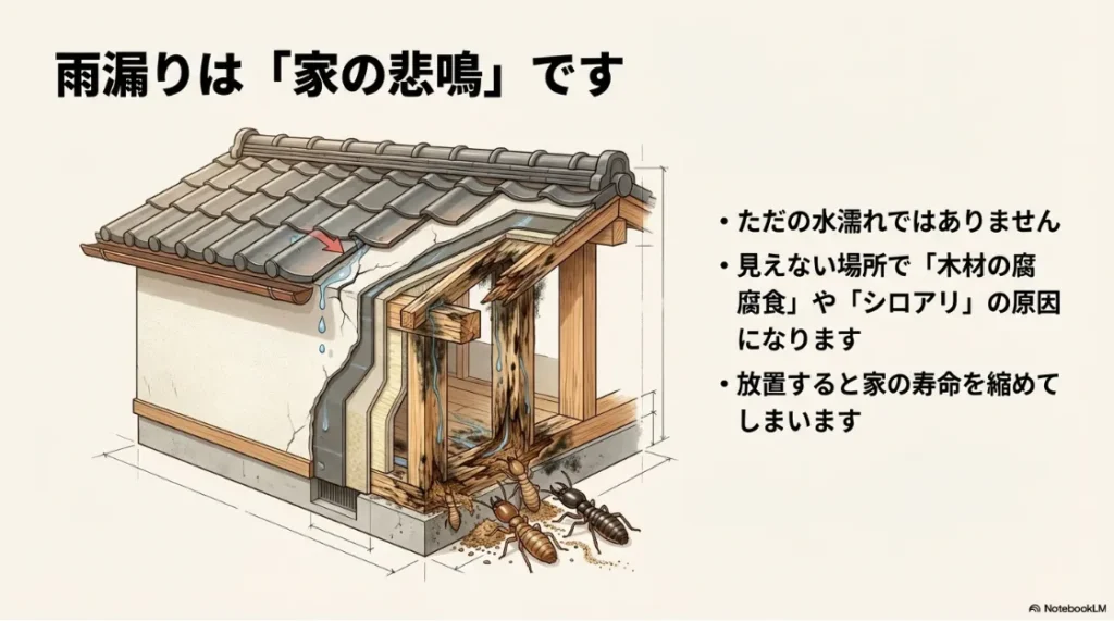 雨漏りによって発生した木材の腐食と、そこに集まるシロアリの被害イメージ図