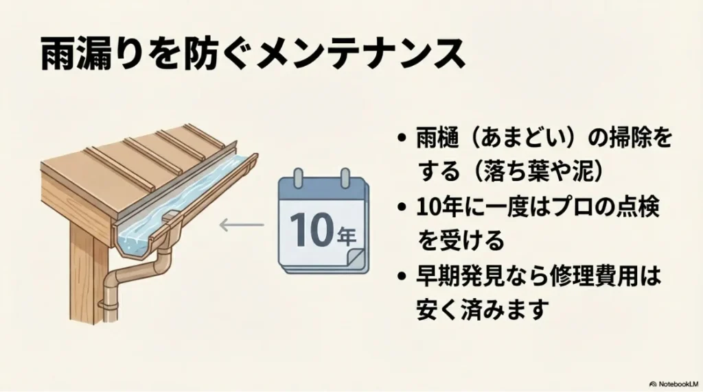 雨樋の清掃イメージと、10年に一度のプロによる定期点検を推奨するカレンダー図