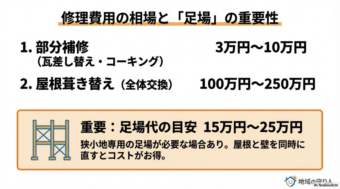 部分補修や葺き替えの費用目安と、狭小地での足場代の重要性についてまとめた図解。