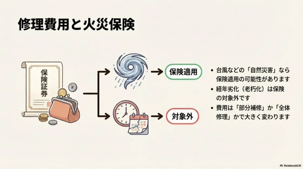 台風などの自然災害は保険適用、経年劣化は対象外であることを示す比較図