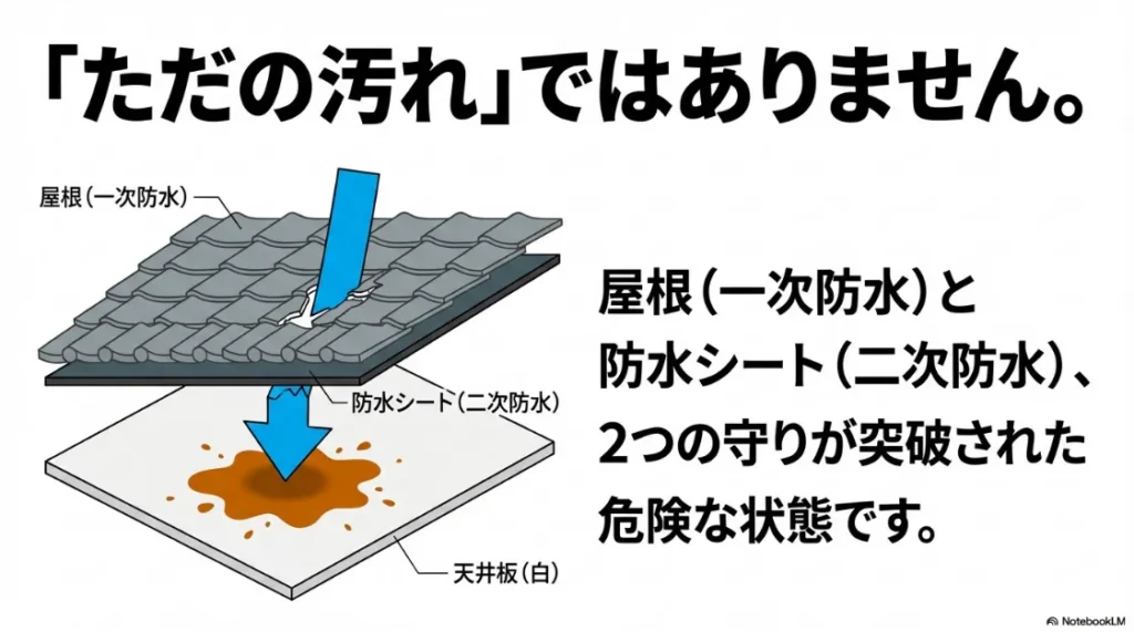 屋根（一次防水）と防水シート（二次防水）の両方を雨水が通り抜け、天井板にシミを作る構造図。