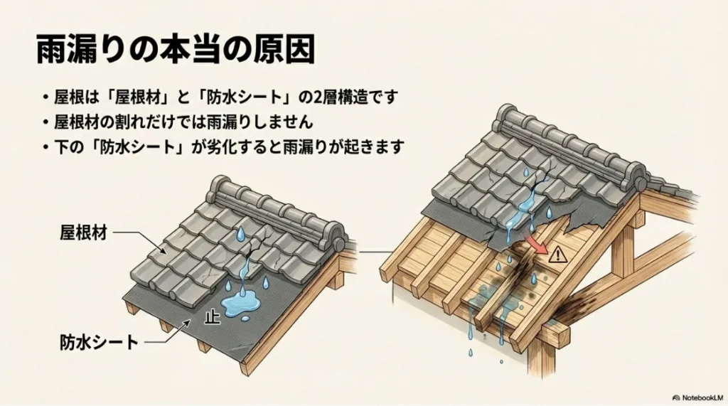 屋根材の下にある防水シート（ルーフィング）が劣化して雨水が浸入する仕組みのイラスト