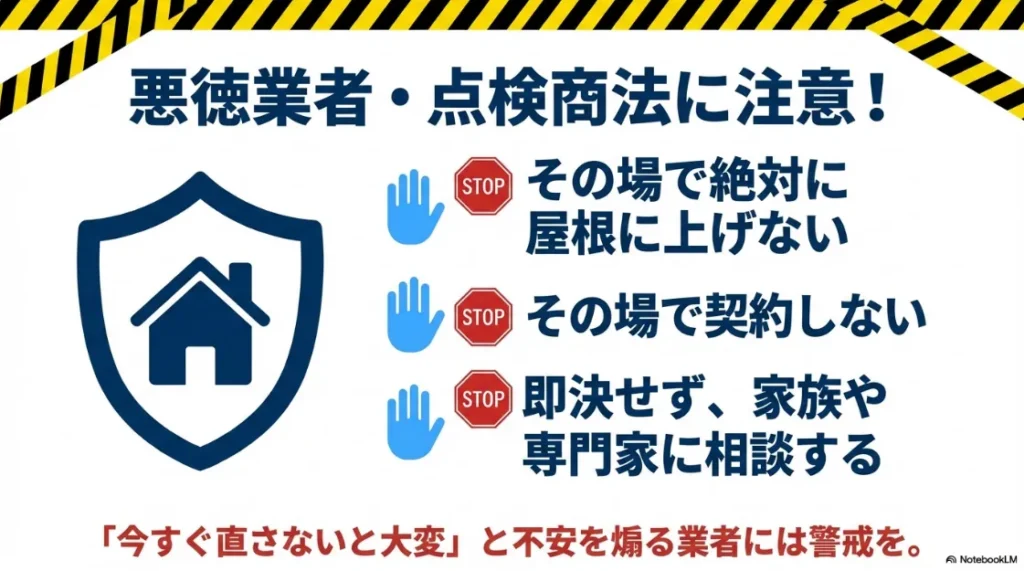 不安を煽る業者に対し、その場で屋根に上げない、即決せず家族に相談するといった対策を促す注意喚起スライド。