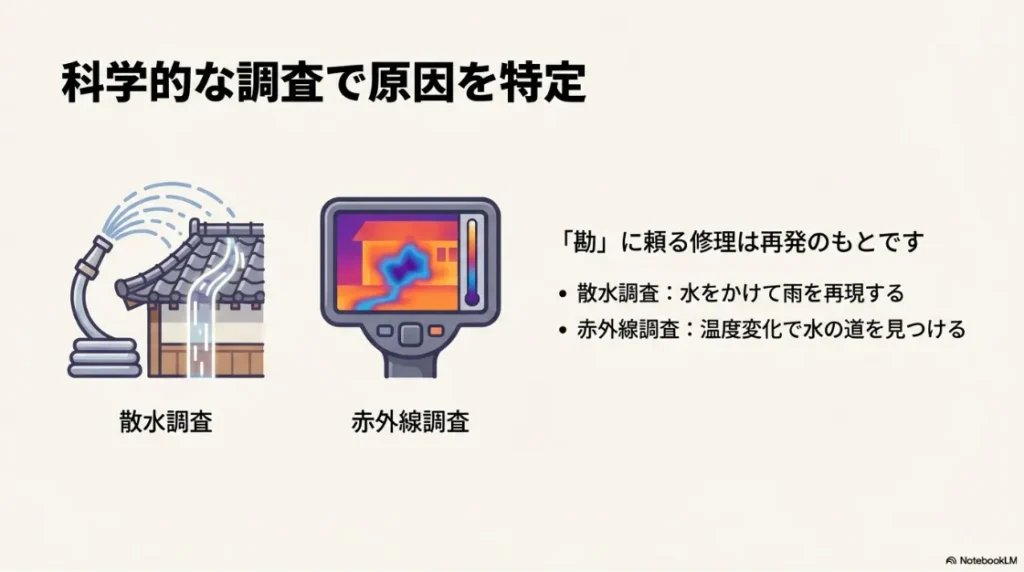 ホースを使った散水調査と、赤外線サーモグラフィーによる温度変化の可視化調査