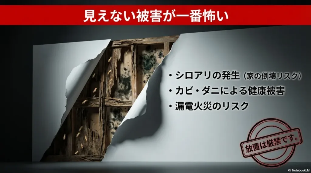 シロアリ発生、カビ・ダニ被害、漏電火災といった水漏れ放置による深刻なリスクの一覧 。