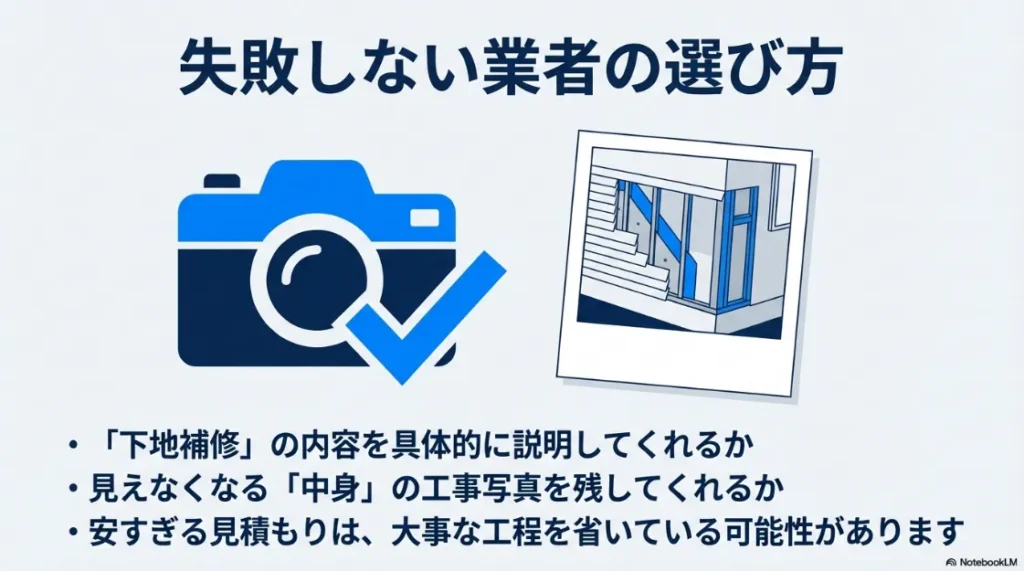 信頼できる業者を選ぶためのチェックリスト。下地補修の説明や写真の記録について。