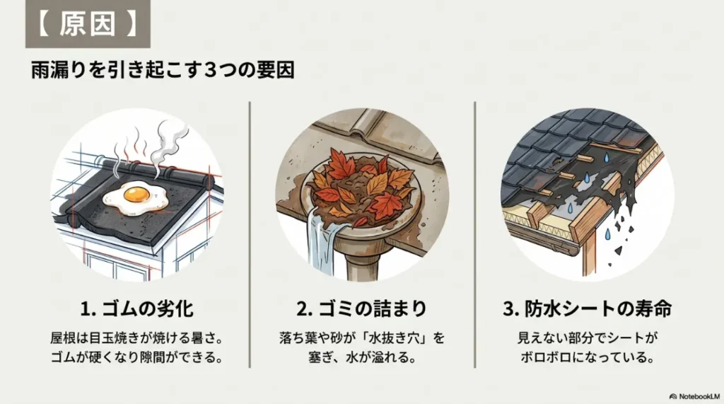 ゴムの劣化、ゴミの詰まり、防水シートの寿命が天窓の雨漏りを引き起こすメカニズムを説明する図解