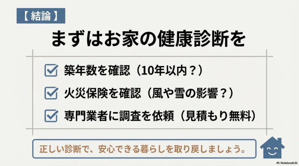 築年数、火災保険、専門業者への調査依頼の3項目をまとめた最終チェックリスト画像