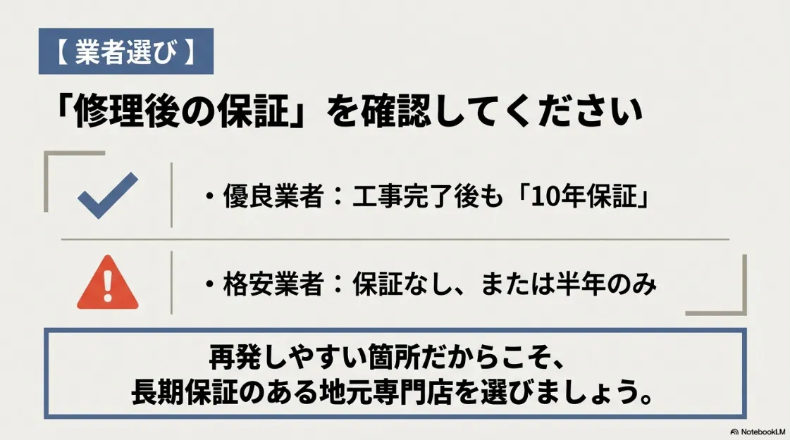 修理後の10年保証がある優良業者と、保証がない格安業者の違いを比較したイラスト