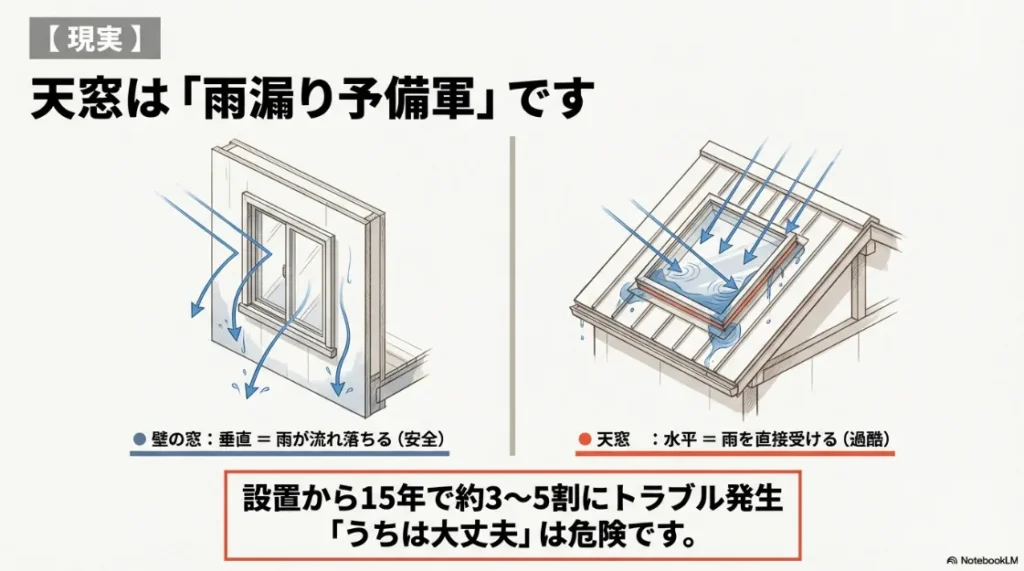 垂直な壁の窓と、雨を直接受ける水平な天窓の構造の違いを比較したイラスト。15年で3〜5割にトラブルが発生することを示唆。