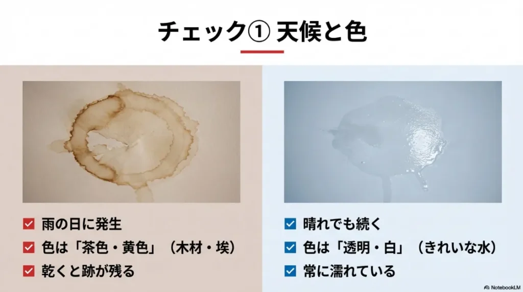 雨漏りは茶・黄色で雨天時に発生、漏水は透明・白で晴れでも続くといった見分け方の比較表 。