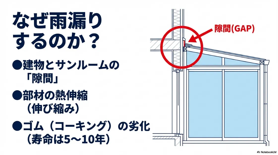 建物との隙間、部材の熱伸縮、コーキングの劣化（寿命5〜10年）など、サンルーム特有の雨漏り原因を図解。