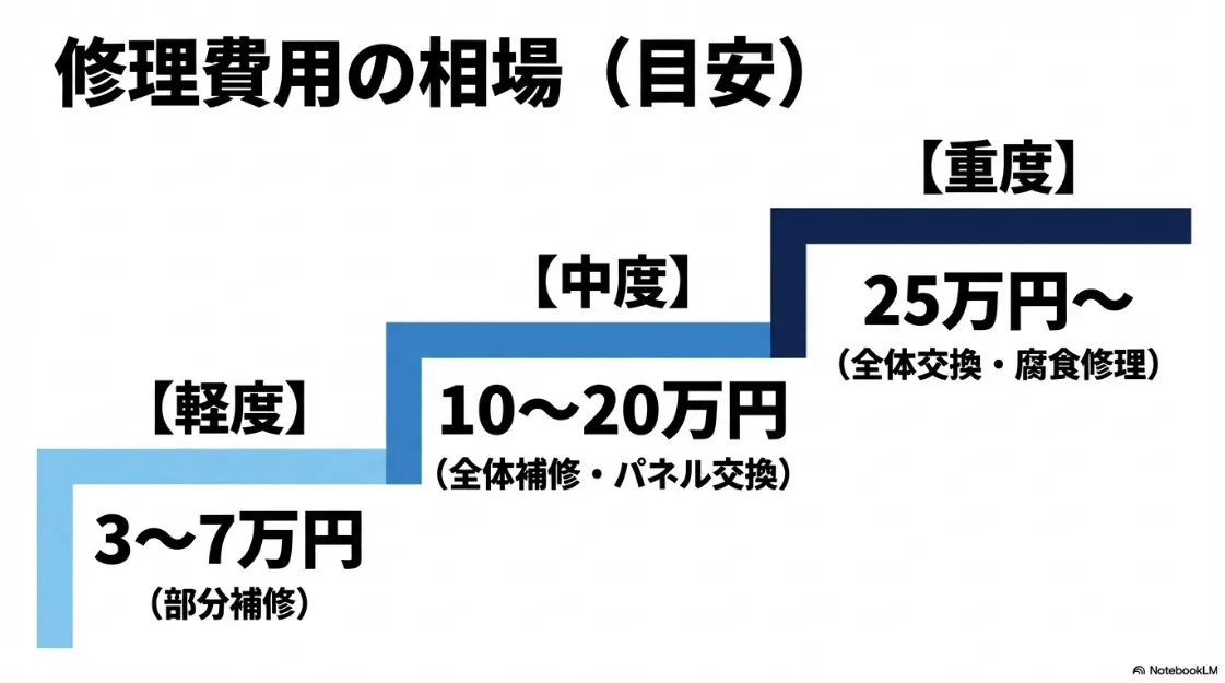 軽度補修（3-7万円）、中度全体補修（10-20万円）、重度全体交換（25万円〜）の3段階に分けた費用目安。