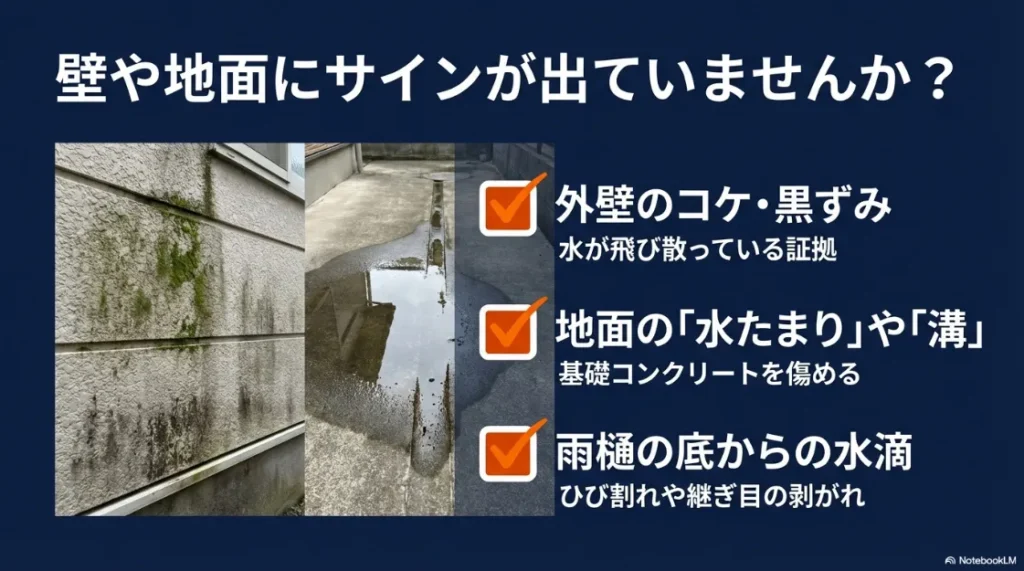 外壁のコケや黒ずみ、地面の水たまりなど、雨樋の不具合が建物に現れるサイン例