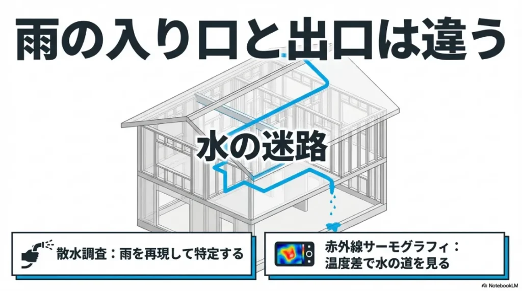 建物内部を通る水の迷路と、それを特定するための散水調査や赤外線サーモグラフィ調査の紹介スライド。