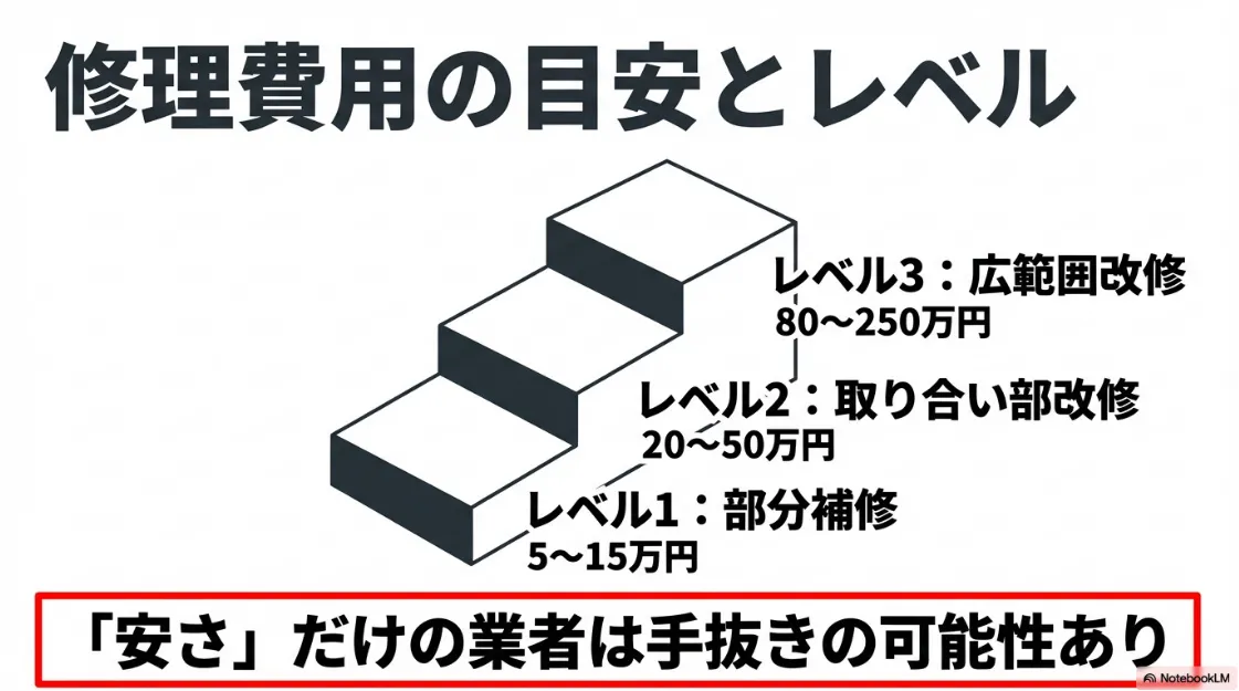 部分補修から広範囲改修まで、雨漏り修理にかかる費用の目安を3つのレベルで示したグラフ画像。