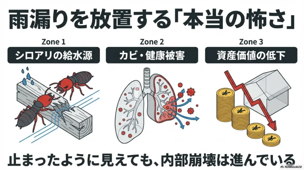 雨漏り放置が招くシロアリ被害、カビによる健康被害、資産価値の低下を3つのゾーンで示した図解。
