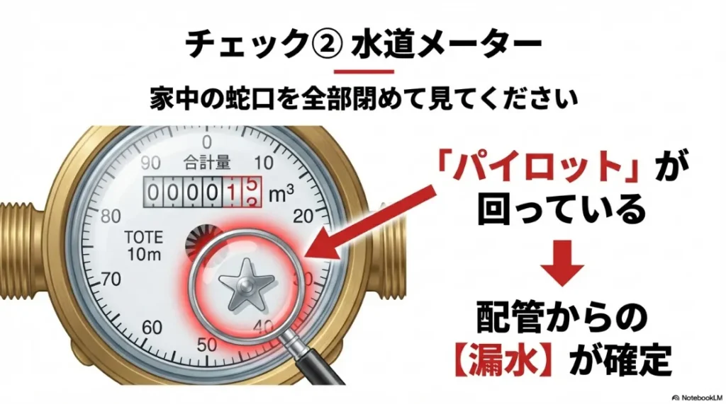 家中の蛇口を閉めて水道メーターのパイロットが回っていれば配管からの漏水が確定する手順の図解 。
