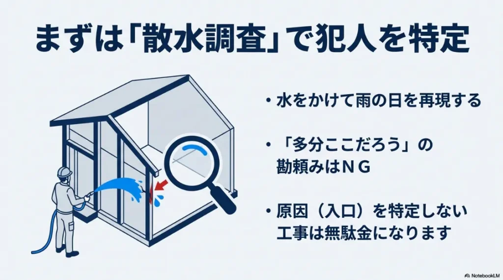 建物の雨漏り原因を特定するために散水調査を行っているイメージ図。
