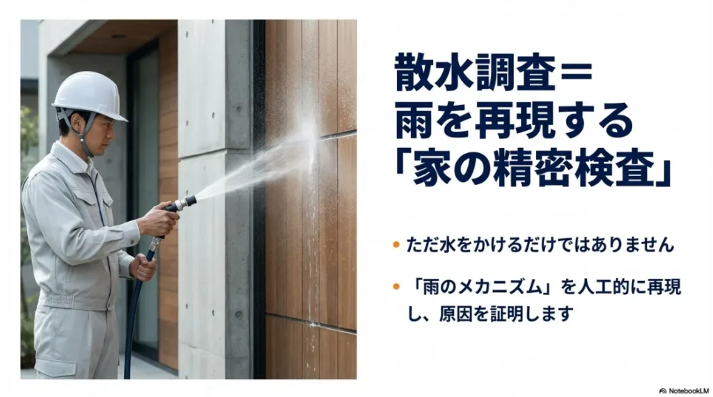 雨を再現し原因を証明する「家の精密検査」である散水調査の様子
