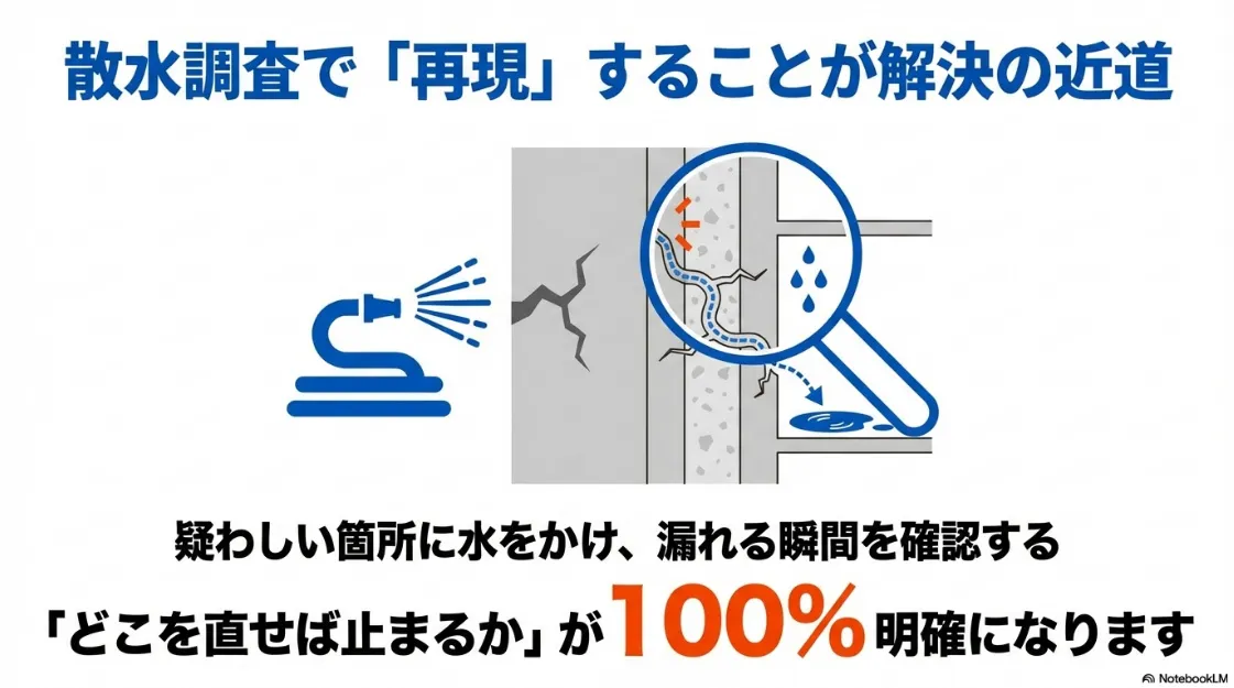 疑わしい箇所に水をかけて雨漏りを再現し、修繕箇所を明確にする散水調査のイメージ