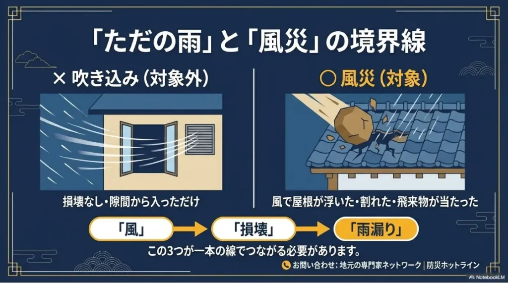 単なる吹き込みと、風・損壊・雨漏りの3点が繋がる風災の境界線を解説するイラスト