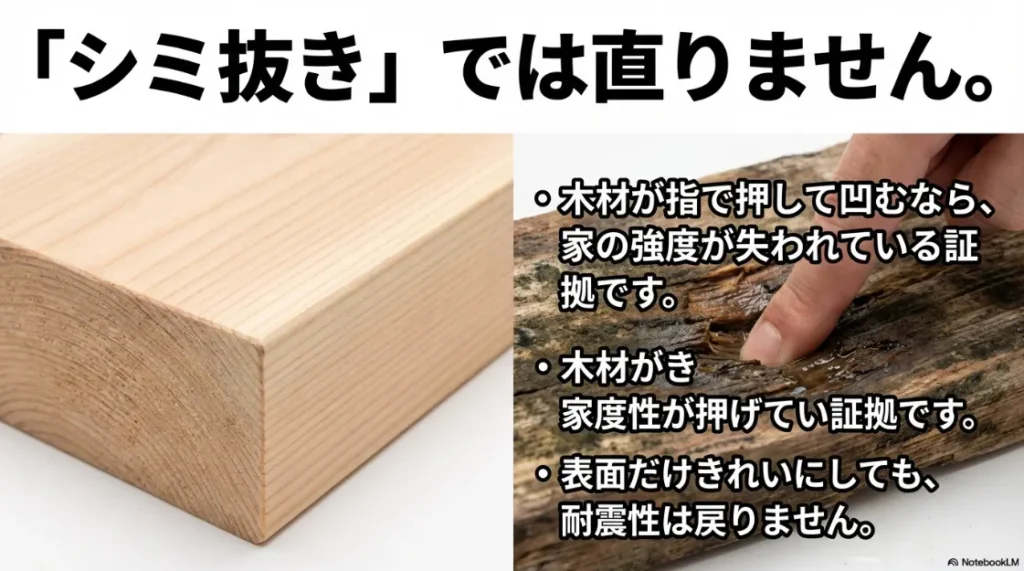 木材が凹む場合は強度が失われている証拠であり、表面を綺麗にするだけでは耐震性が戻らないことを説明するスライド