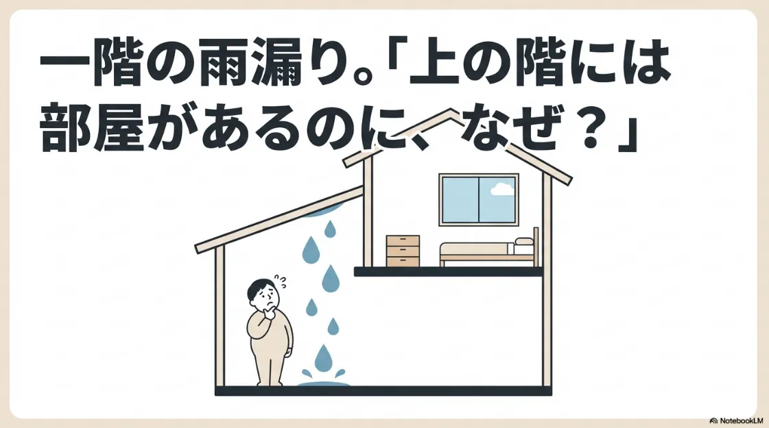 二階に部屋がある一階で雨漏りが発生し、不思議に思う人のイラスト