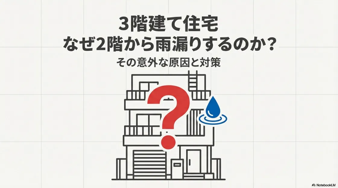 3階建て住宅のイラストに疑問符と雨の雫が描かれた、雨漏り解説の表紙