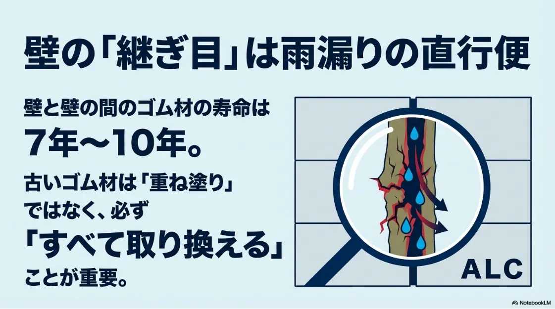 寿命が7〜10年である壁の継ぎ目（シーリング）の補修において、重ね塗りではなくすべて取り換える「打ち替え」の重要性を説く図解