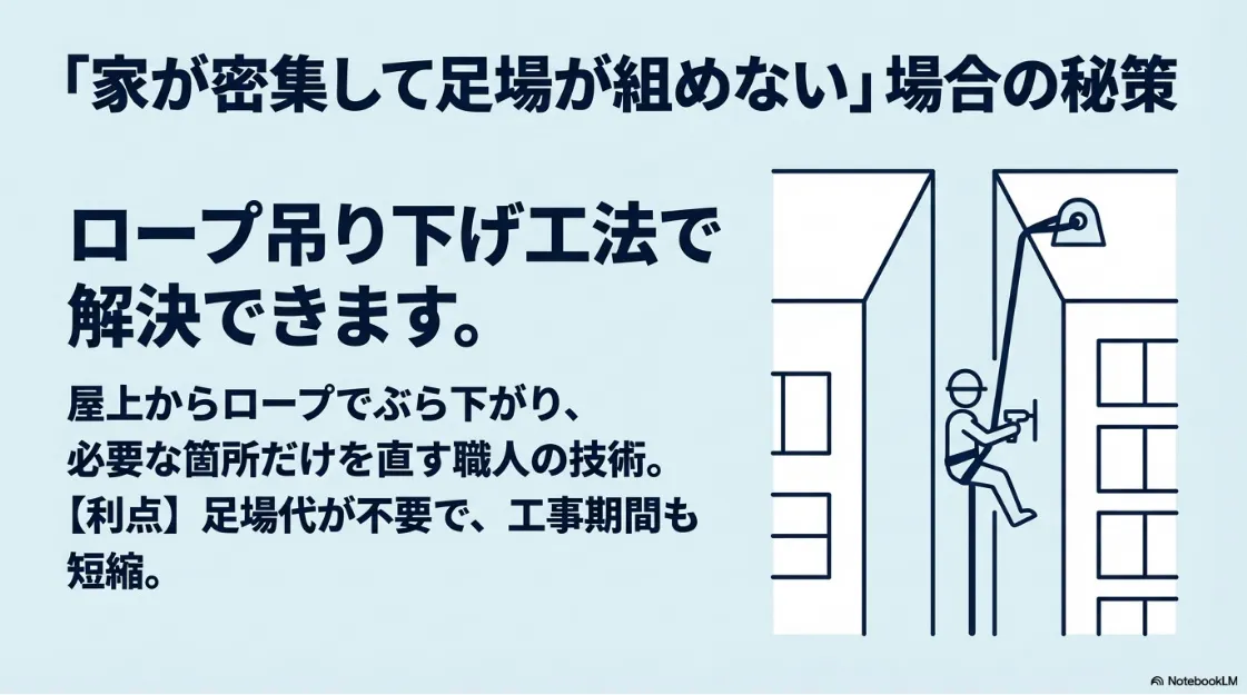 都市部の狭小地などで足場が組めない現場において、建物を守るための特殊な工夫や解決方法の提示
