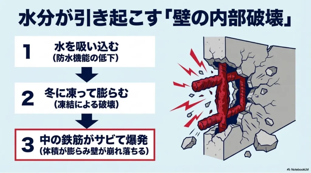 防水機能低下により水を吸い込み、冬の凍結や内部鉄筋のサビ（爆裂）によって壁が崩れ落ちる内部破壊のステップ