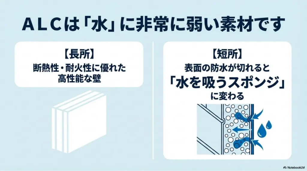 ALCの断熱性・耐火性という長所と、防水が切れると「水を吸うスポンジ」に変わってしまう短所を説明する構造図