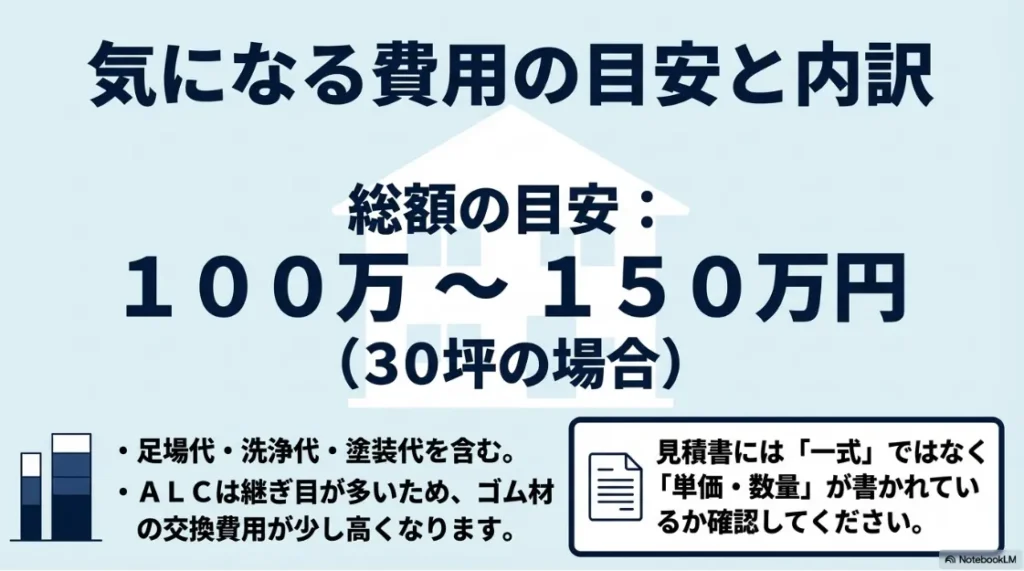 30坪の戸建て住宅を例にした、ALC外壁補修（足場、シーリング、塗装等）の費用内訳と合計相場の目安