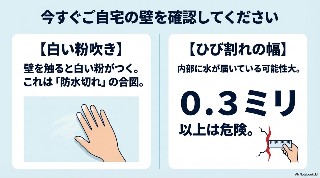 防水切れを示す白い粉（チョーキング）と、内部まで水が届いている可能性が高い0.3ミリ以上の危険なひび割れ幅を確認する方法