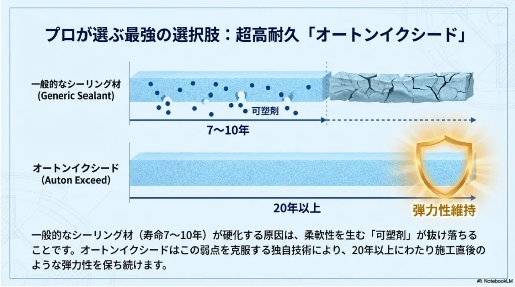 一般的なシーリング材（7〜10年）と超高耐久オートンイクシード（20年以上）の寿命と弾力性維持の違いを解説する比較表。