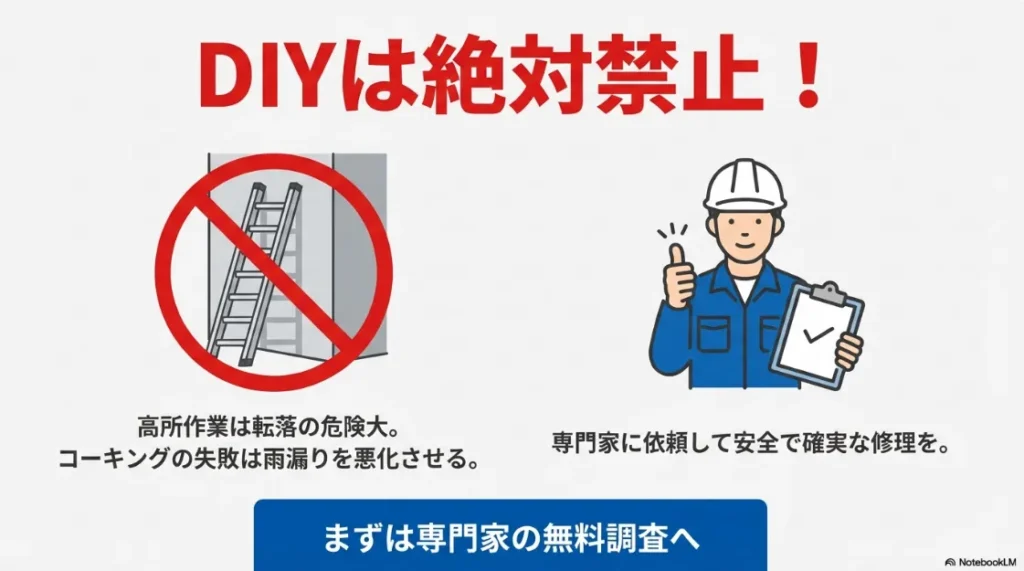 ハシゴでの高所作業に禁止マークをつけ、専門家へ依頼することを推奨するイラスト