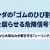 ベランダのシーリングのひび割れが雨漏りや家の腐食に繋がることを警告するタイトルスライド 。