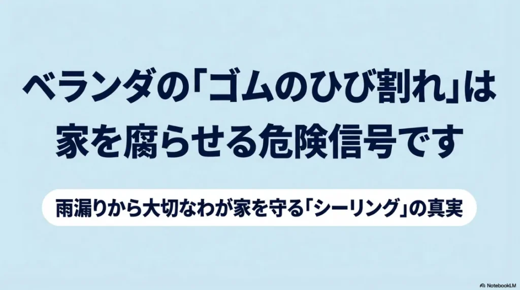ベランダのシーリングのひび割れが雨漏りや家の腐食に繋がることを警告するタイトルスライド 。