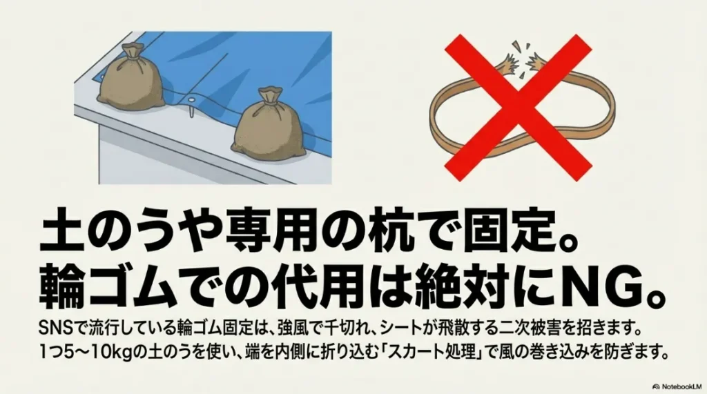 土のうでの固定と、強風で切れる恐れのある輪ゴム使用禁止の警告