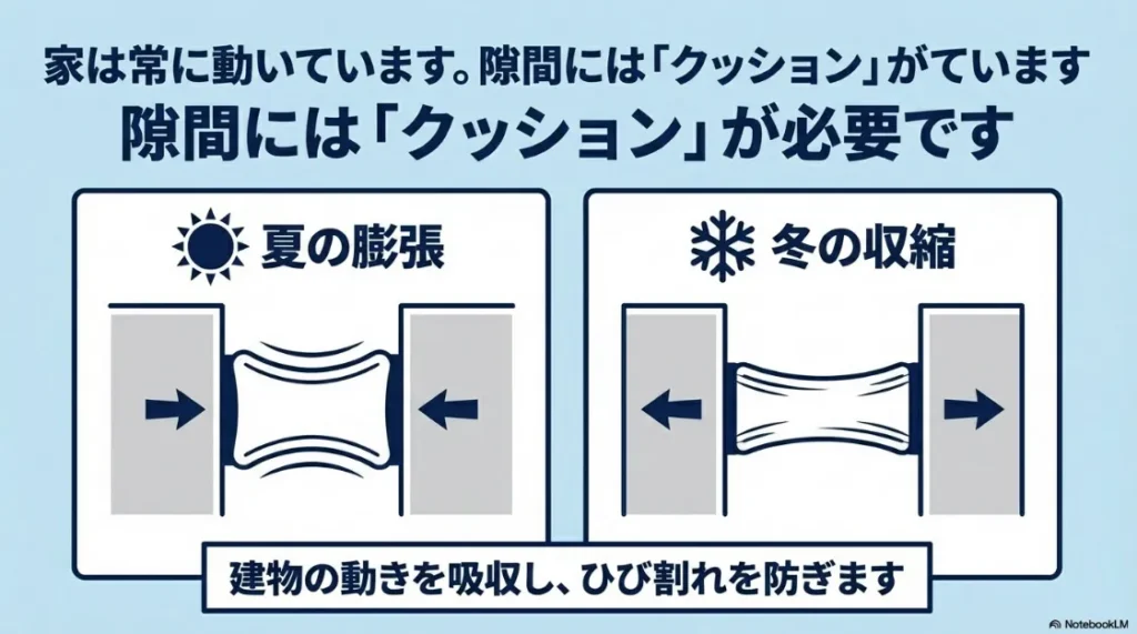 夏の膨張と冬の収縮に合わせて伸縮し、ひび割れを防ぐシーリングの動きの比較