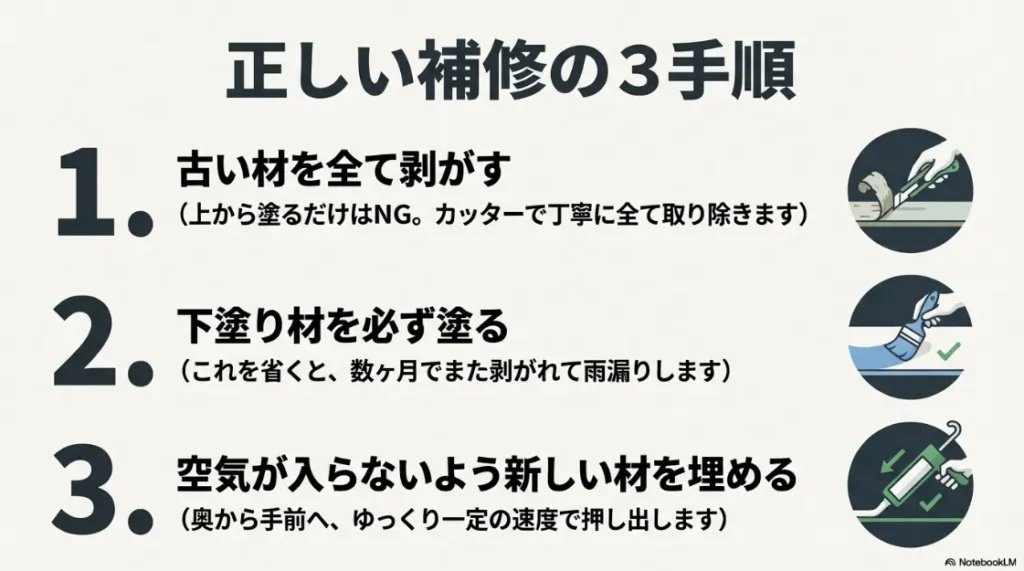 古い材の除去、下塗り材の塗布、新しい材の充填という、コーキング補修の3つの基本手順を説明するスライド