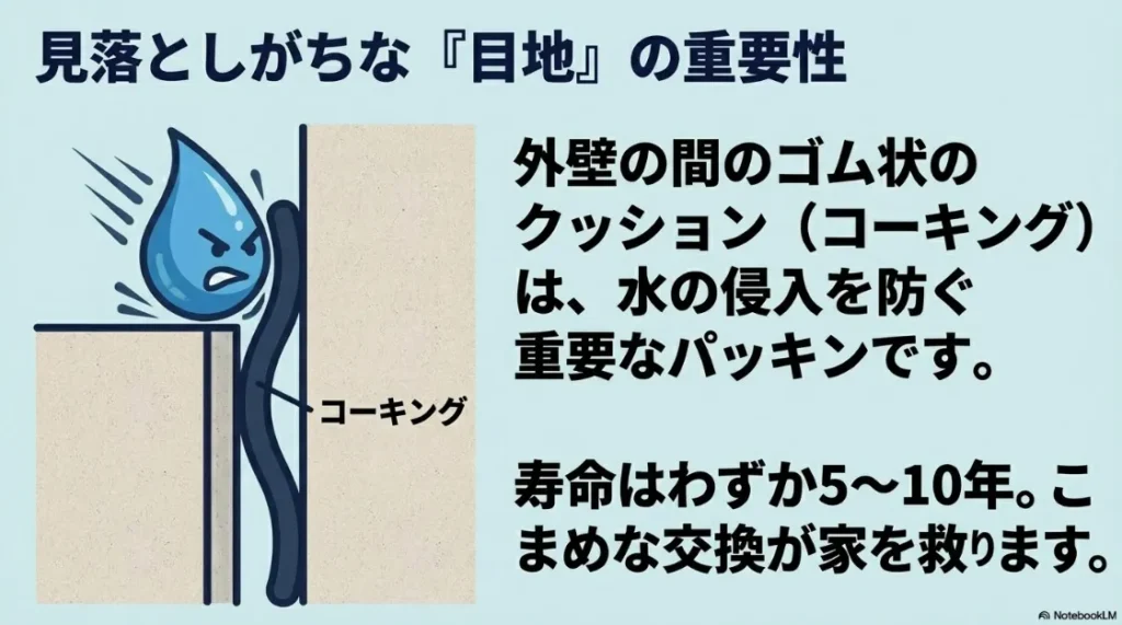 外壁の目地(コーキング)の重要性。寿命は5〜10年であり、浸水を防ぐパッキンの役割を果たすことの解説。