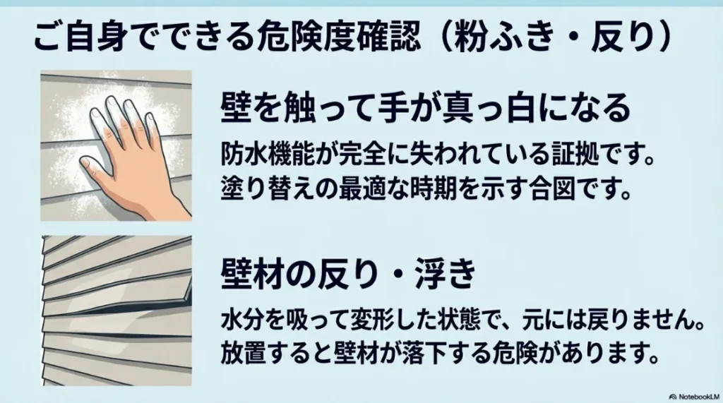 外壁のチョーキング現象（白い粉）の見極め方と防水機能低下のサインを解説するスライド