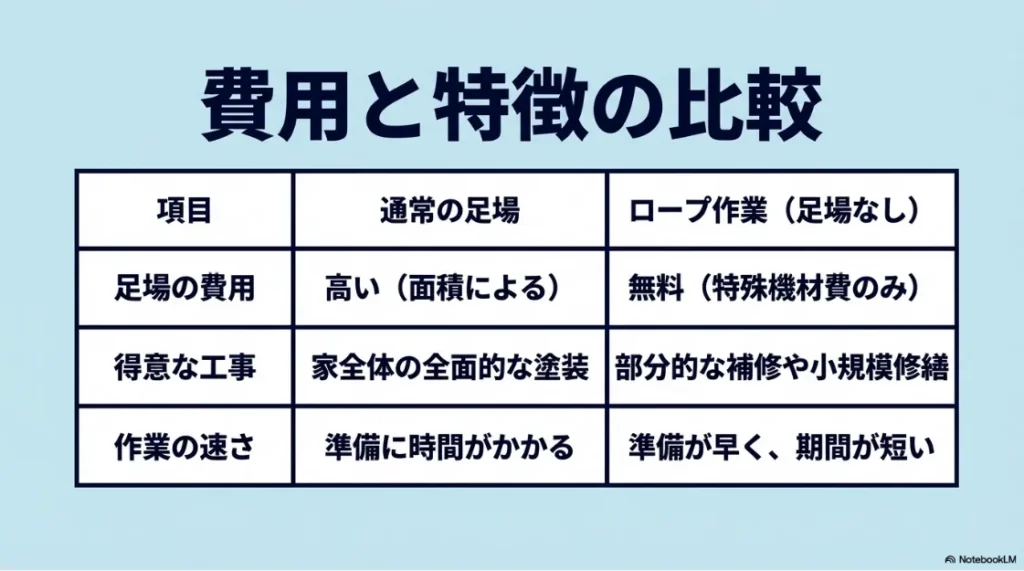 通常の足場とロープ作業の費用と特徴の比較表。足場費用の違いや得意な工事、作業スピードの違いをまとめています。