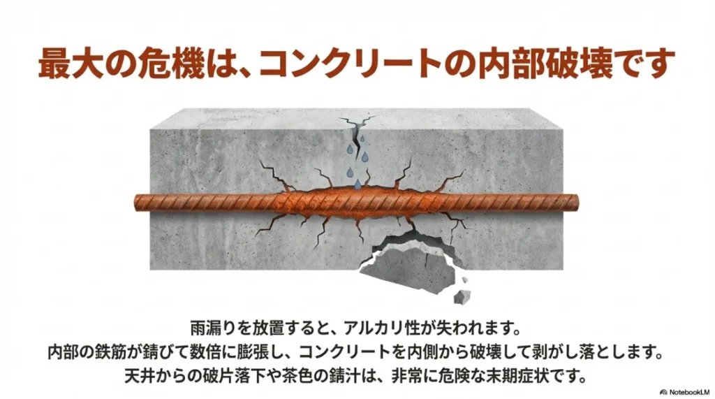 雨漏り放置により内部鉄筋が錆びて膨張し、コンクリートを内側から破壊する爆裂現象のイラスト