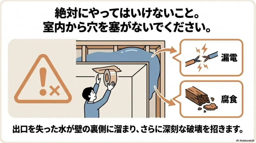 室内から穴を塞ぐと壁裏に水が溜まり、漏電や腐食を招く警告図